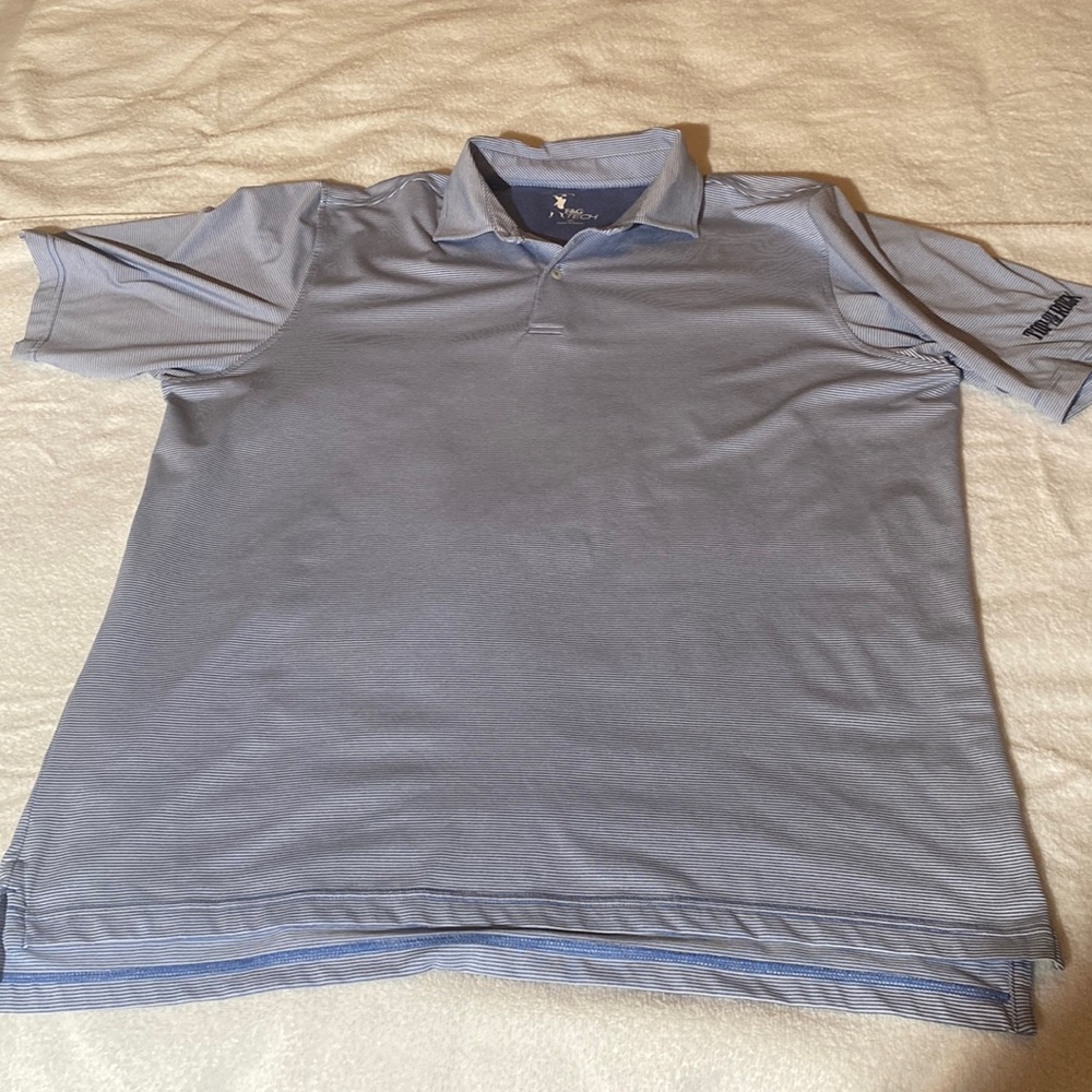 Men F&G Tech Golf shirt , blue and white striped XL